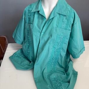 Vintage Yucatán Teal Embroidered Button-Up Shirt | Resort Cuban Style | L